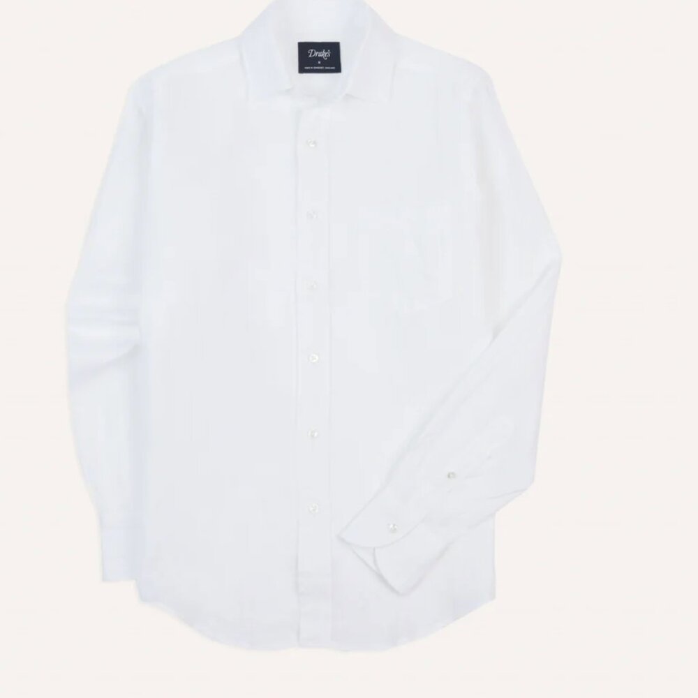 Drake's - White Linen Spread Collar Shirt - Size S